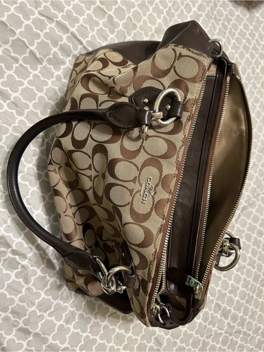 Coach Tan and Brown Signature Canvas Tote with Leather Trim